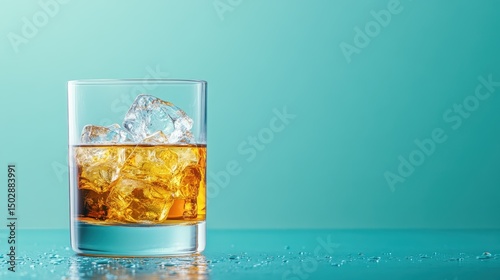 A beautifully captured glass of whiskey filled with ice cubes, beautifully reflecting light against a calming, turquoise background emphasizing relaxation and indulgence.