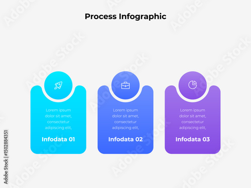 Infographic showcasing three distinct steps in a process, each featuring vibrant colors, unique icons, and labeled text sections for conveying structured business or educational content