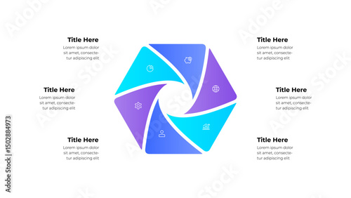 Circular infographic featuring six segments, each with icons and text placeholders. Excellent for presenting concepts, processes, or data visually