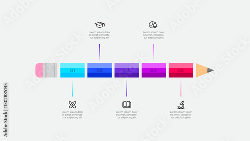 Infographic pencil divided into five segments, symbolizing progress, learning, and informative concepts. Perfect for educational visual aids