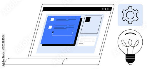 Laptop screen showcasing user interface design, accompanied by gear and lightbulb icons. Ideal for technology, innovation, creativity, software development, UIUX design, problem-solving, simple