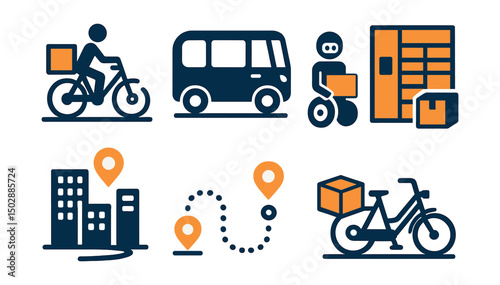 Two-Color vector icons of last-mile solutions: delivery e-bike, compact shuttle, ride-on robot, smart locker. Urban hub, last-mile route, parcel drop-off, e-cargo bike.