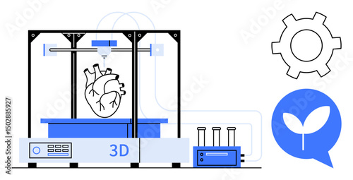 Advanced 3D printer creating a human heart model with gears and leaf symbolizing technology, eco-friendliness, and innovation. Ideal for healthcare, innovation, tech, sustainability, research