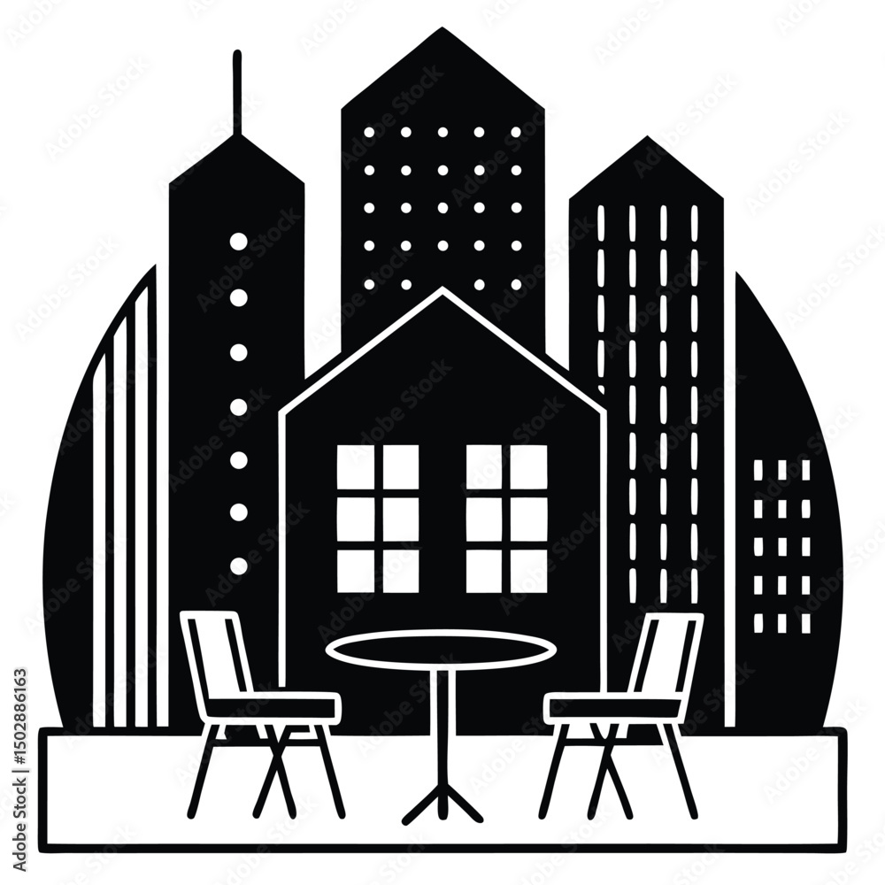 Naklejka premium a small city caf� tucked between two towering buildings