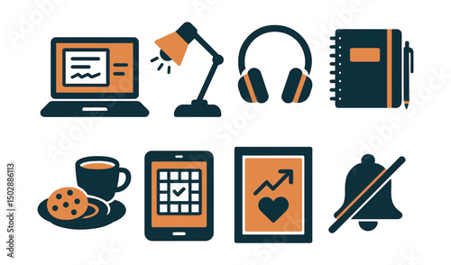 Two-Color vector icons of personal study setup: laptop with notes, desk lamp, headphones, notebook and pen. Study snacks, digital planner, motivation quote, quiet mode.