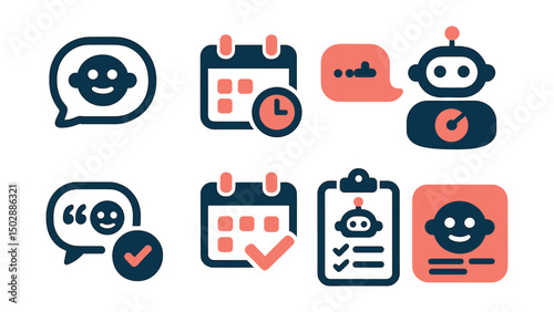 Two-Color vector icons of AI assistants: speech bubble, daily reminder, context-aware reply, productivity bot. Smart reply, AI calendar, task planner, personalized feed.