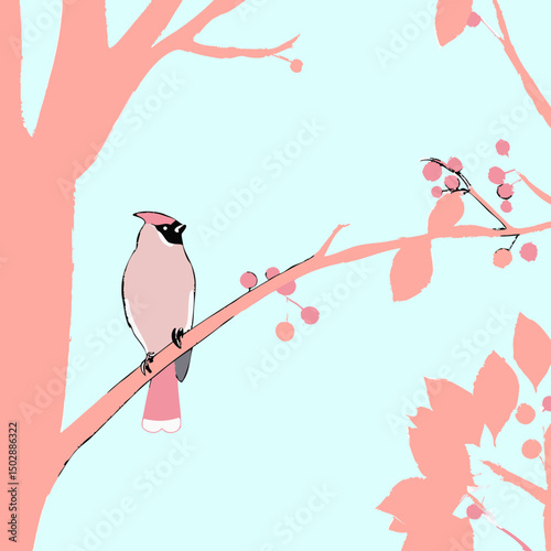 A stylized vector illustration of the Bohemian Waxwing, showcasing its distinctive crest, black mask, and vibrant red-tipped wings.