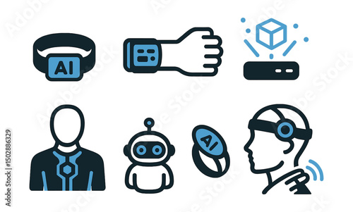 Two-Color vector icons of futuristic devices: AI wristband, wearable interface, AR projector, brainwave headset. Smart suit, AI companion, neural clip, gesture ring.
