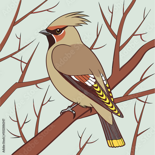 A stylized vector illustration of the Bohemian Waxwing, showcasing its distinctive crest, black mask, and vibrant red-tipped wings.