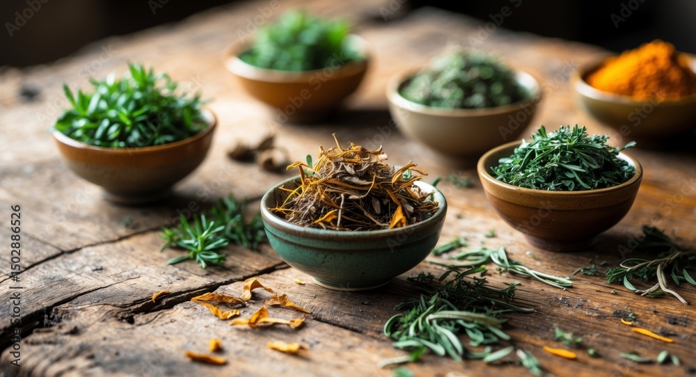 Variety of Herbs and Spices in Bowls Displayed on Rustic Wooden Table Surface Variety of Herbs and Spices in Bowls Displayed on Rustic Wooden Table Surface