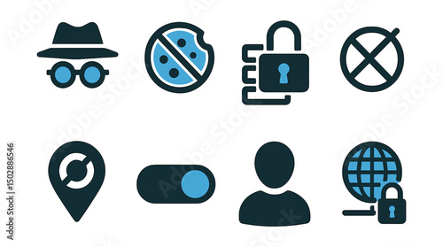 Two-Color vector icons of online privacy: incognito mode, cookie control, data encryption, no tracking. Location off, webcam cover, anonymous user, private network.