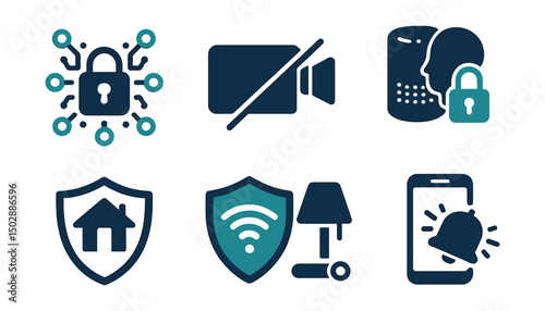 Two-Color vector icons of smart device safety: IoT lock, camera block, smart speaker mute, privacy mode. Secure firmware, home network shield, smart light control, alert push.