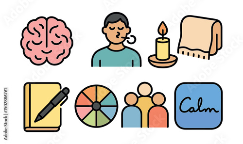Outline with Fill vector icons of mental wellness: peaceful brain, breathing practice, candlelight, cozy blanket, journaling pen, emotional wheel, support group, calm app icon.