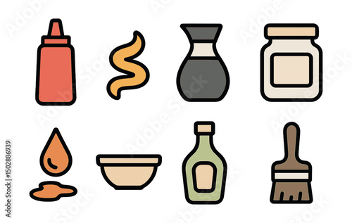 Outline with Fill style icons of sauces and condiments: ketchup bottle, mustard swirl, soy sauce container, mayonnaise jar, hot sauce drip, dipping bowl, salad dressing, glaze brush.