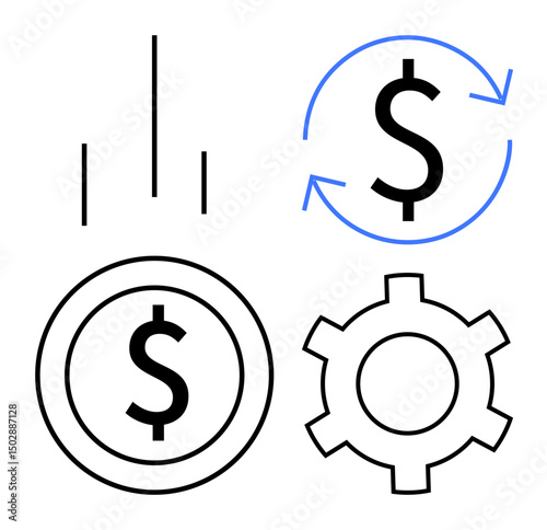 Dollar sign with bar chart, circular arrows, and cogwheel symbolizing financial growth, process, and analytics. Ideal for finance, investment, process optimization, economic strategy business