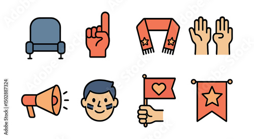 Outline with Fill style icons of fan culture: stadium seat, foam finger, sports scarf, cheering hands, megaphone, face paint, fan flag, team banner.
