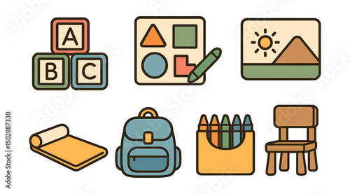 Outline with Fill icon set for early childhood education: alphabet blocks, toy puzzle, coloring book, picture card, nap mat, tiny backpack, crayon set, child-size chair.