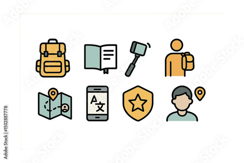 Outline with Fill vector icons of solo travel: backpack, journal, selfie stick, solo traveler icon, local connection map, mobile translator, confidence badge, host icon.