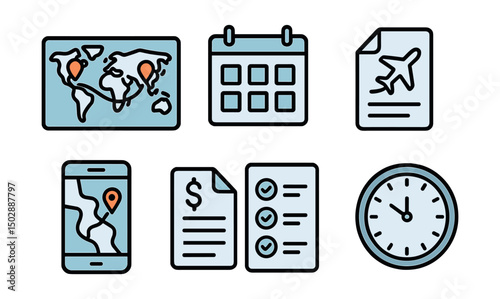 Outline with Fill vector icons of travel planning: world map, route marker, calendar, itinerary page, travel budget sheet, checklist icon, phone with map, time zone clock.