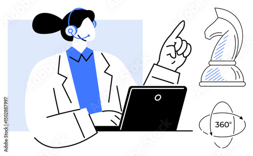 Professional woman wearing headset, making strategic decisions on laptop. Chess knight symbolizes strategy 360-degree icon highlights comprehensive analysis. Ideal for technology, innovation