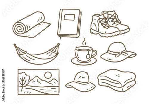 Hand-drawn vector icons of weekend retreat: yoga mat, journal, hiking boots, herbal tea, hammock, sun hat, nature view, soft blanket.