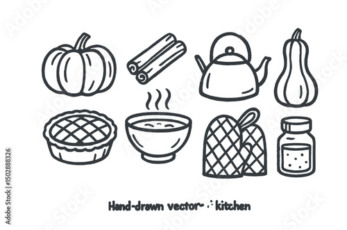 Hand-drawn vector icons of seasonal kitchen: pumpkin, cinnamon sticks, kettle, squash, apple pie, soup bowl, oven mitts, spice jar.