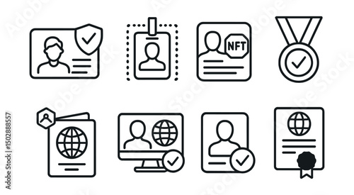 Line style icons of digital identity: government digital ID icon, e-residency badge, national ID NFT, civic participation token, decentralized passport icon, cross-border ID verifier, voter