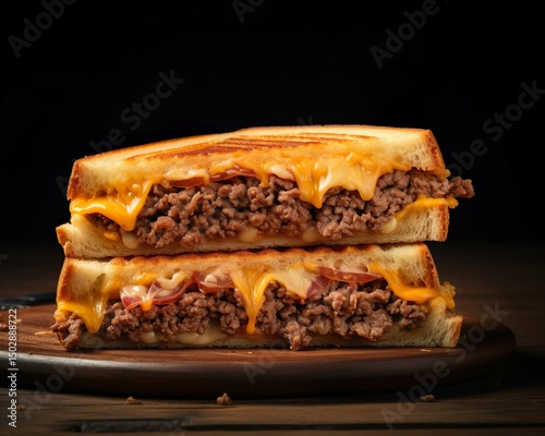 diner-style presentation of a Whataburger patty melt on a white plate with a red gingham napkin. The sandwich is sliced in half to reveal layers of melted cheese, beef, and onions, paired with a side photo