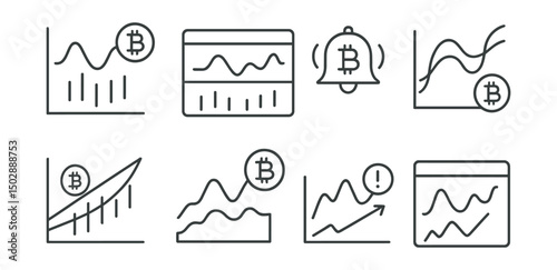 Line style icons of crypto forecasts: technical indicators forecast, RSI prediction panel, MACD signal alert, Bollinger Bands forecast, Fibonacci retracement forecast, Ichimoku cloud zone, divergence