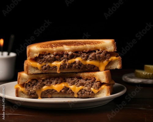 diner-style presentation of a Whataburger patty melt on a white plate with a red gingham napkin. The sandwich is sliced in half to reveal layers of melted cheese, beef, and onions, paired with a side photo