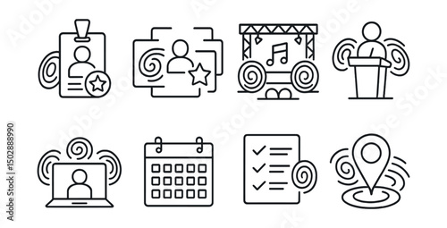 Line style icons of multiverse apps: event teleport badge, cross-platform event pass, multiverse concert icon, conference entry across worlds, virtual stage sync, multiverse festival calendar, guest