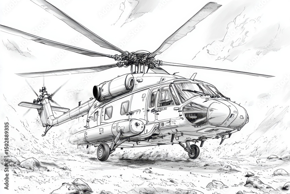 Fototapeta premium Detailed Line Drawing of a Military Helicopter in a Rocky Terrain