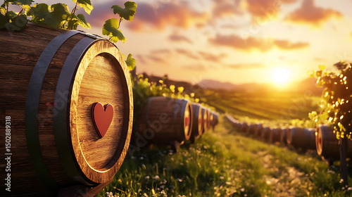 Wine barrels vineyard sunset