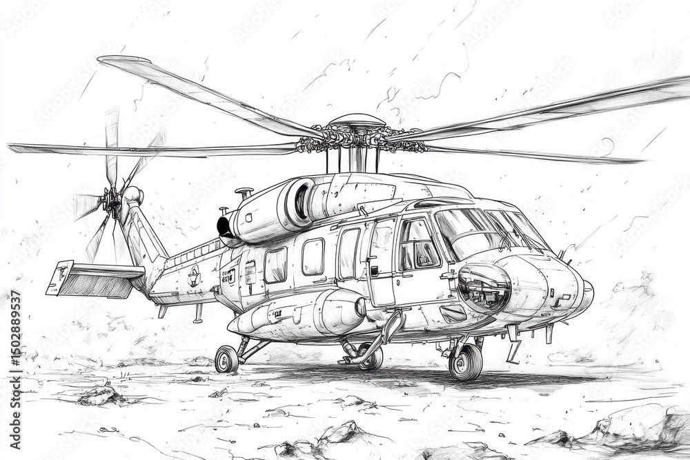 Fototapeta premium Detailed Pen-and-Ink Drawing of a Military Helicopter