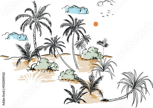 Wallpaper Mural Images of coconut trees, clouds, sun, sketching a vivid summer scene seamlessly together, suitable for printing on seamless fabric and decoration. Torontodigital.ca