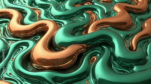The image shows a close-up of an abstract pattern with swirling, twisted shapes in shades of green and brown, resembling a flowing, organic design.