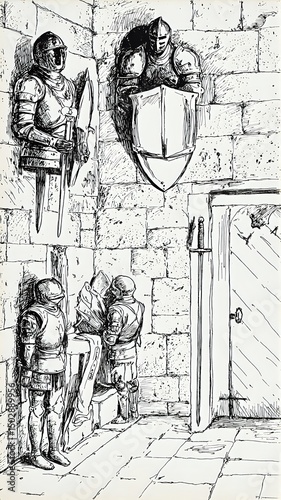 This is a black and white illustration depicting a scene with medieval knights, a shield hanging on a wall, and a door visible in the background.
