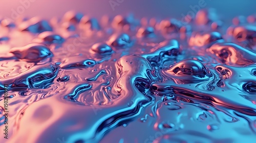 The image features a close-up of a shiny, metallic surface with a glossy, reflective texture that mimics the appearance of water droplets.