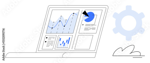 Laptop displaying data charts, graphs, pie chart, and reports. Cogwheel and cloud symbolizing settings and digital storage. Ideal for analytics, business, strategy, technology optimization