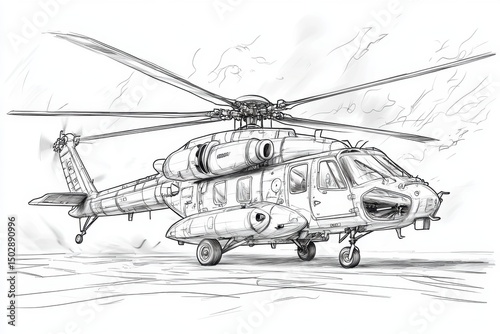 Detailed Pencil Sketch of a Military Helicopter in Flight