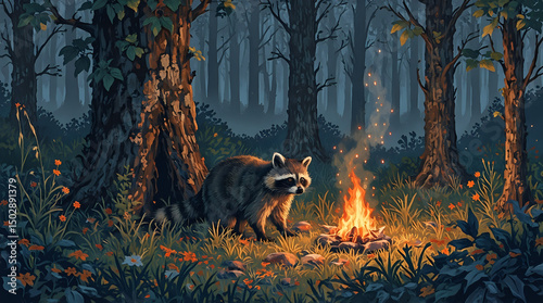 The image depicts a raccoon standing near a campfire in a forest, with the fire casting a warm glow and sparks flying into the night sky.