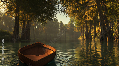 Wooden boat in cypress forest river