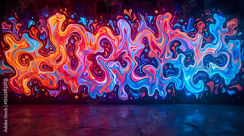 The image displays a vibrant, abstract mural painted on a wall, featuring swirling, multicolored patterns that create a dynamic, psychedelic effect.