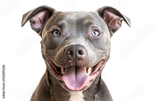 Close-up of a gray dog with a happy expression and a visible tongue.  Its eyes are a striking blue, and the fur is smooth