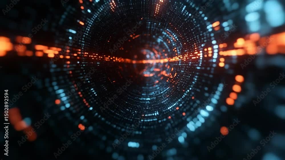 Futuristic abstract digital tunnel visualization with glowing particles and pulsing light. Ideal for high-tech data network technology background or intro graphics.