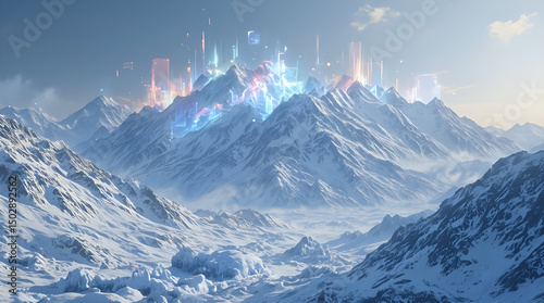 The image showcases a breathtaking snowy mountainous landscape bathed in a surreal, futuristic glow.