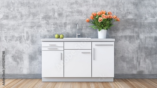 White kitchen cabinetry against a textured gray wall.