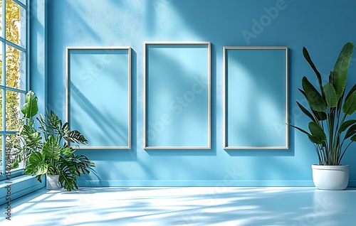 Mockup of three empty frames on bright blue wall with sunlight and plants

 photo