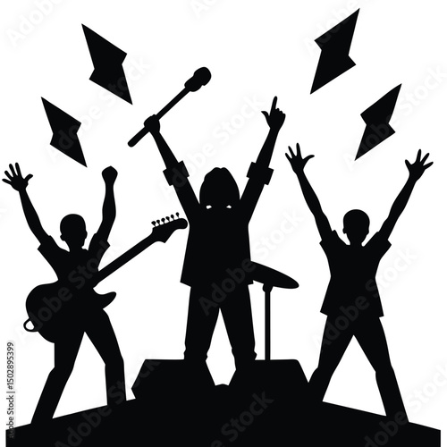 Rock band silhouette with electric guitars raised  