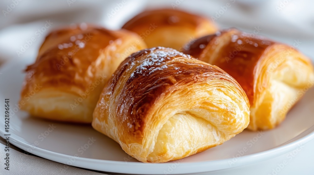 A delightful arrangement of golden, flaky croissants on a white plate, showcasing their buttery texture and inviting appearance, perfect for breakfast or brunch. A delightful arrangement of golden, flaky croissants on a white plate, showcasing their buttery texture and inviting appearance, perfect for breakfast or brunch.